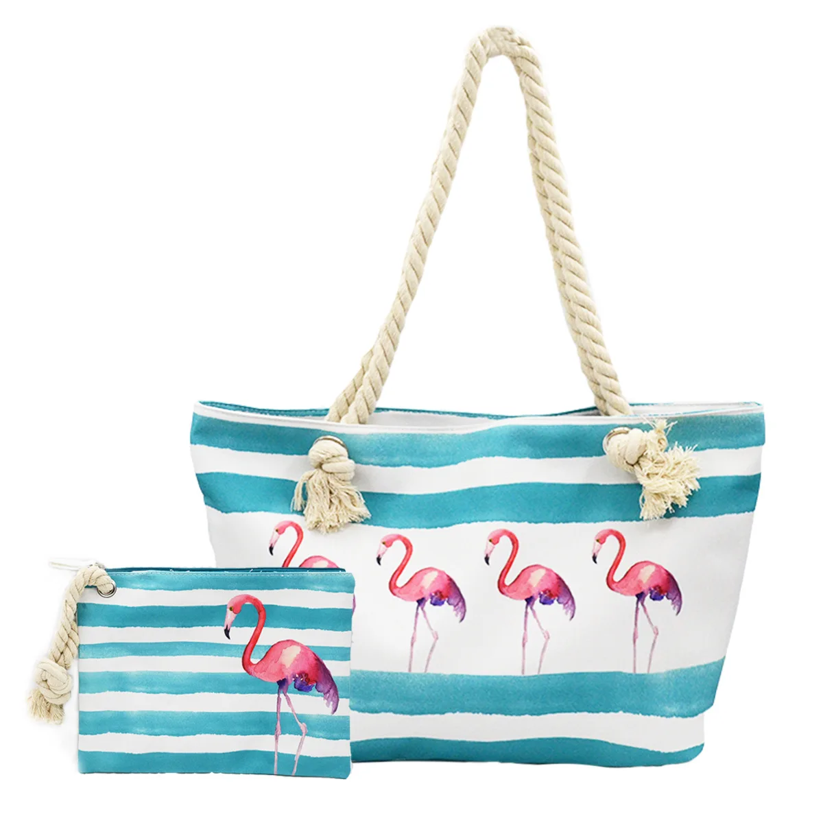 BONAMIE 2Pcs/lot Flamingo Women Tote Handbags Canvas Female Single Shoulder Bags Casual Hemp Rope Beach Bags Set Wet Bikini Bag