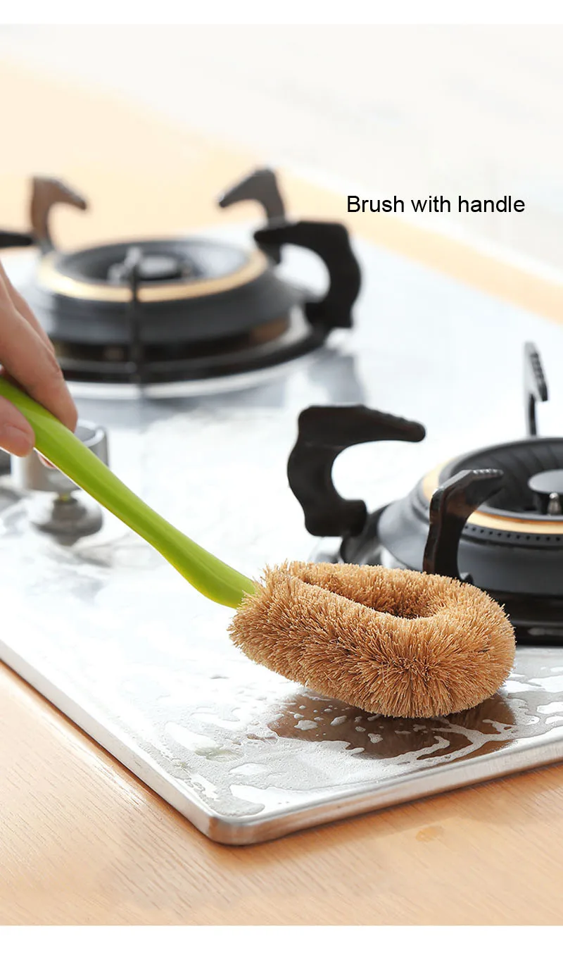Natural Coconut Long Handle Cleaning Brush Non-stick Oil Pot Brushes Dish Washing Oil Kitchen Cleaning Brush 4 Colors  (19)