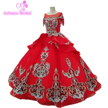 

AOLANES 2018 Red Tulle Lace Sleeveless Scoop Bridal Gowns Lace Up Ball Gown Cap Sleeve Illusion Wedding Dresses Real Photos