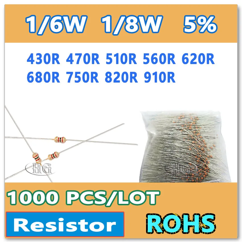 JASNPROSMA 1000 шт./лот 5% 1/6 Вт 1/8 430R 470R 510R 560R 620R 680R 750R 820R 910R углеродная пленка DIP OHM новый