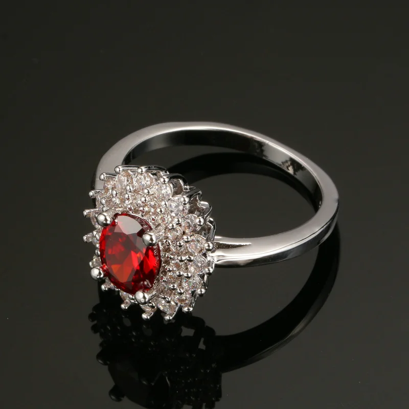 Серебряный Цвет Красный Кристалл Солнце бижутерия в виде цветка модное обручальное кольцо кубический цирконий ювелирные изделия для женщин как рождественский подарок ZYR604