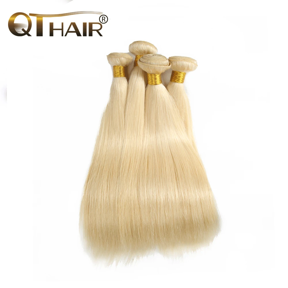 

QThair Peruvian Straight Wave 613 Blonde Hair 100% Human Hair Bundles Non-remy Hair Extension Machine Double Weft Hair Weaving