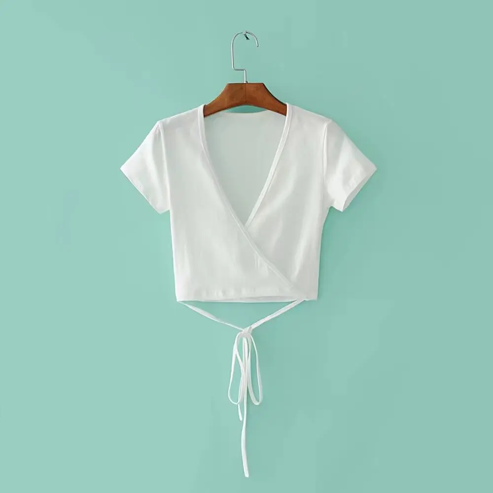 Летняя Базовая футболка с завязками, женские кроп-топы kawaii, короткий рукав, v-образный вырез, черный, белый, розовый цвет, повседневные сексуальные женские топы, корейская мода - Цвет: White