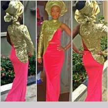 Sexy Erstaunliche 2016 Meerjungfrau Eine schulter mit volle hülsen Pailletten Pink abendkleid Formale Frauen Prom Kleider