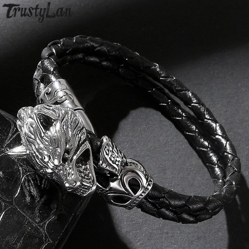 

TrustyLan Wolf Head Braided Leather Bracelet Mens Stainless Steel Leather Wrap Bracelets Cuff Gift For Men Vintage Rock Jewelry