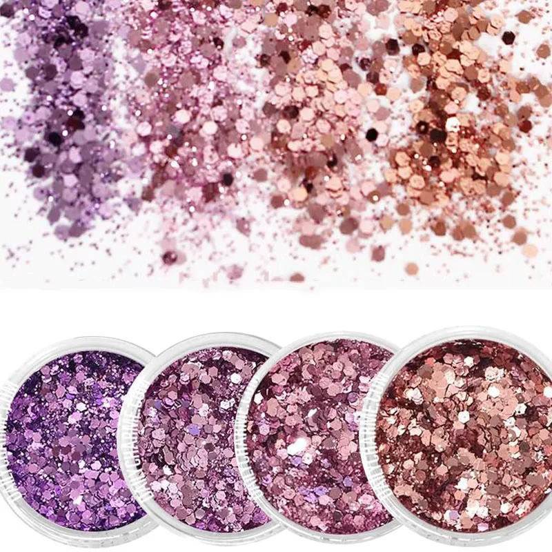 

4color/set Shining Purple Glitter Powder Holographic Laser Nail Glitters 3D Nail Glitters Sequins Glitter Mix Hexagon Nail Art