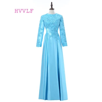 

Turquoise 2019 Muslim Evening Dresses A-line Long Sleeves Chiffon Lace Islamic Dubai Abaya Kaftan Long Evening Gown Prom Dress