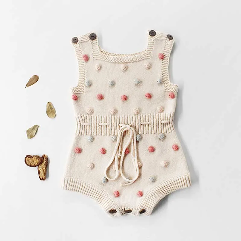 Knitted Baby Rompers Overalls Jumpsuit Handmade Infant 100%Cotton Pompom