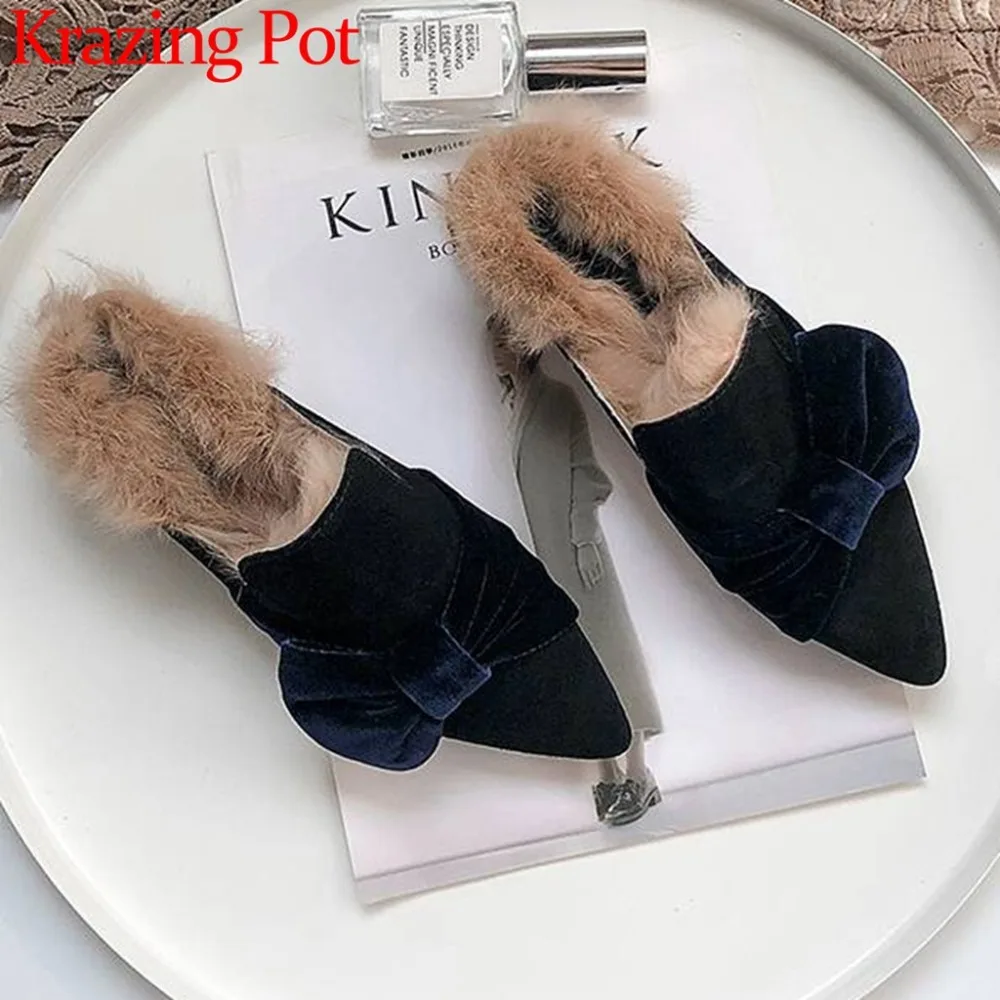 

2018 Sweet Cow Leather Fairy Butterfly-knot Loafer Superstar Slip on Women Pumps Med Heels Luxury Rabbit Fur Oxford Shoes L05