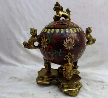 

9" China bronze Cloisonne carved Six Foo Dogs Lion censer Incense burner Statue