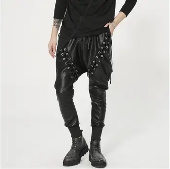 

Black Plus Size Men's Harem Pants Men Singer Dance Costume Nightclub Bar DJ DS Show Outfit Leather Trousers Trendy Pants