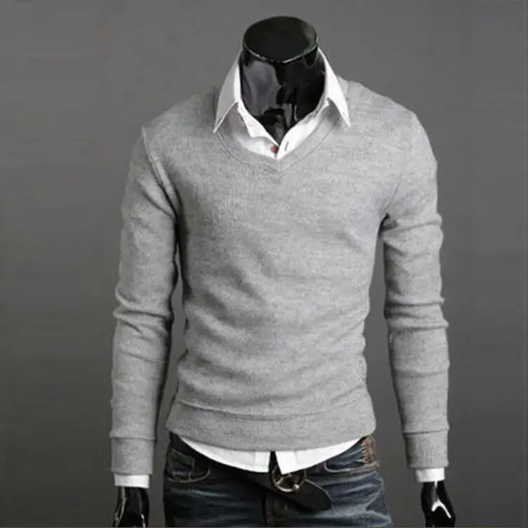 Для мужчин одежда модный вязаный свитер от известного бренда, однотонные пуловеры человек свитер с v-образным вырезом повседневные облегающие свитера повышенной эластичности представлены в - Цвет: light Grey