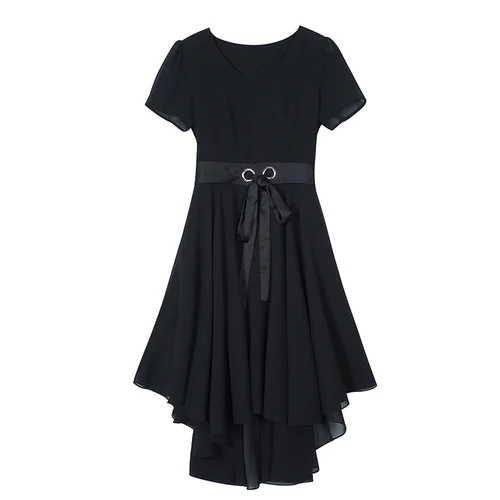 

2019 New Summer Women Chiffon Dresses Short Sleeve O-neck Black Fashion Dress Office Lady A-line O-neck Elegant Sexy Clothes