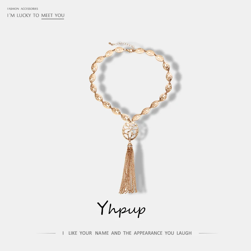 

Yhpup New Fashion Leaf Leaves Chain Long Tassel Pendant Necklace Vintage Charm Party Jewelry Bijoux Bijoux Oorbellen Voor Vrouw