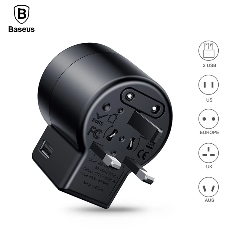 Kopen Baseus Universele Adapter Whirl USB Charger Dual USB 2.4A Reizen Lader Plug Power Adapter Converter voor EU ONS UK AU