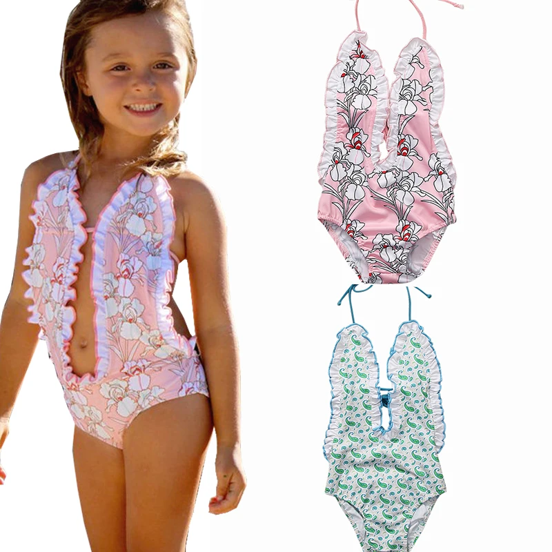 

Little Girls One-piece Floral Halter Swimsuit Baby Girl Flower Straps Backless Swimmers Bathing Suit Swimwear Bikini Costume