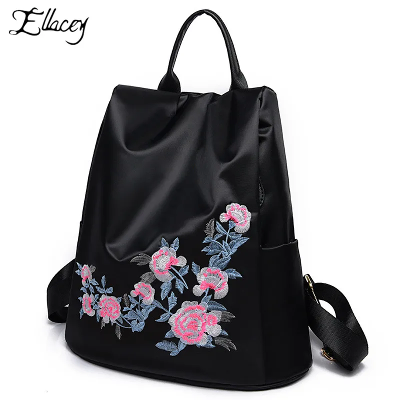 Китайский Стиль нейлоновый женский рюкзак цветок вышивка путешествия большой Ёмкость школьные сумки для девочек-подростков ноутбука