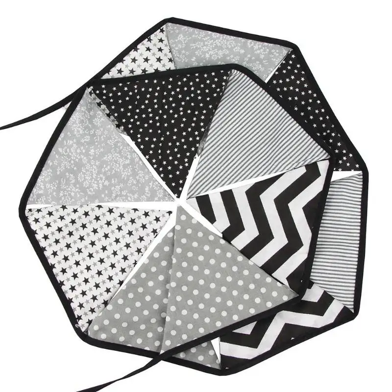 

12 Flags 3.2m Special Black and White Cotton Fabric Bunting Pennant Flags Banner Garland Baby Shower/Outdoor Tent Decoration