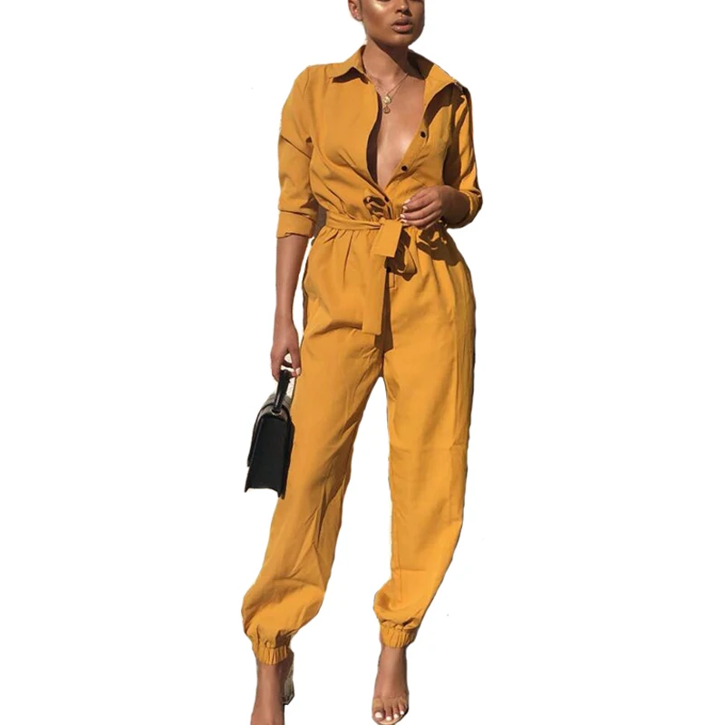 

Women Casual Long Sleeve Party Jumpsuit Romper Trousers Pants OL Deep V Neck Playsuit with Belt