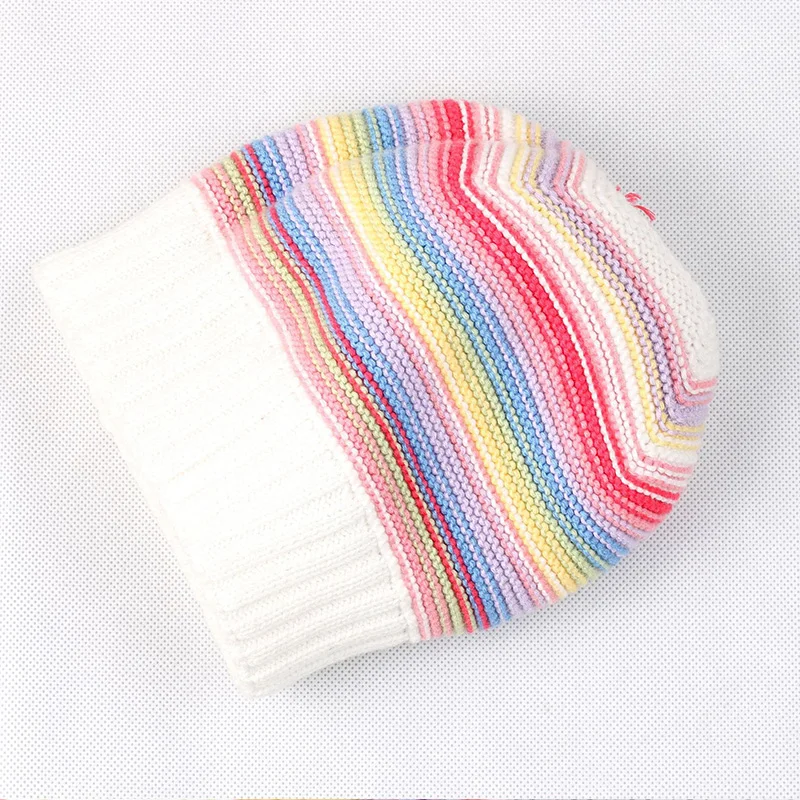 Rainbow Stripe Baby Beanies Warm Hat Winter Thick Crochet Cotton Infant Girls Caps High Quality Comfortable with Pompom 2019 New (3)