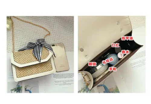 Women Fashion Straw Bowknot Shoulder Bag Lady Handbag Leather Crossbody Bag Ladies Bow Pactwork Shoulder Bags Women Handbags