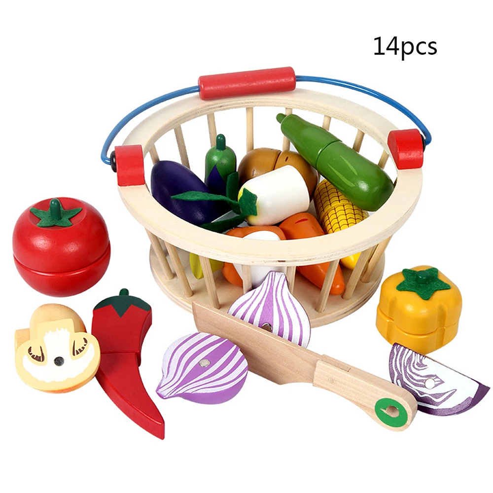 Kitchen Food Toy 12pcs/14pcs Cutting Fruit/Vegetable Wooden Play Food Toy Children Play House Kitchen Toy with Basket gift - Цвет: 14pcs vegetable set