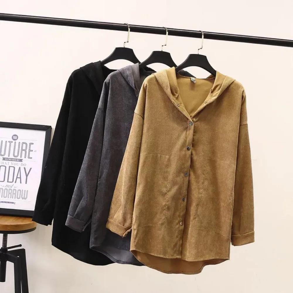 

Ubetoku 2019New Women's Spring Corduroy Blouse Solid Color Hooded Tops Coat Plus Size Office Lady Clothing(T205)