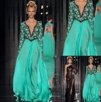 Abed Mahfouz Turkey Kaftan Long Sleeves V Neck Beaded Green Long Evening Dresses 2013 New Arrival Chiffon Prom Dresses BO1831