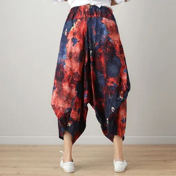 

Harajuku Hippie Boho Ethnic Print Vintage Retro Cotton Linen Elastic Waist Loose Baggy Women Trousers Harem Pants Ladies Capri