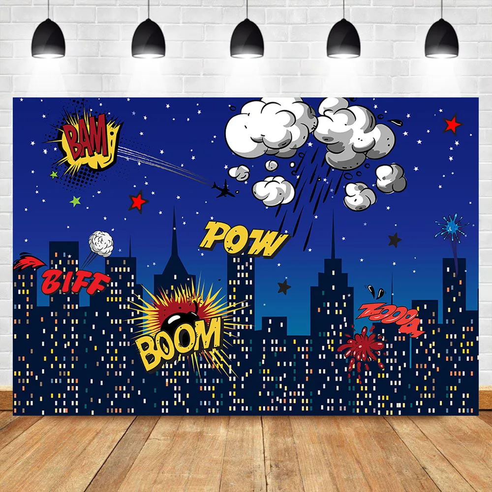 HD 7x5ft Starry City Night Backdrop Buildings Bang Boom Crash Photography Background City Themed Party Cotton Backdrop Photo Booth Props HXEA134 Wrinkle Resistance