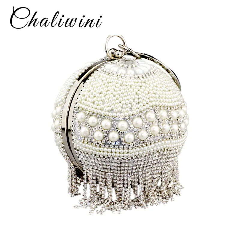Chaliwini جديد تصميم الفضة شرابة البولينج جولة شكل اليد حقيبة لؤلؤ مطرز مخطط كرة زهرية wristlets المرأة حقيبة ساعي