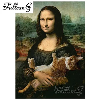 

FULLCANG diamond embroidery mona Lisa love cat diy 5d diamond painting cross stitch full square drill mosaic kits G713