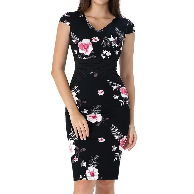 

Vfemage Womens Elegant Floral Print Ruched Cap Sleeve Patchwork Slim Casual Work Office Business Party Bodycon Pencil Dress 2856