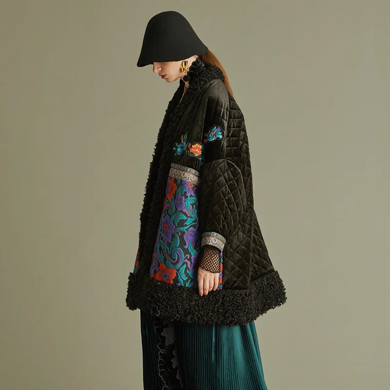 Outline Women Winter Black Casual Cotton Clothes Pockets Embroidery Splice Patch Floral Full Sleeve Plus Design Parkas L184Y002