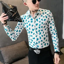 Mens Casual Shirts Stripe Love Print Self-cultivation Men Shirt Streetwear Slim Fit Hairstyle Division Club Shirt Hawaiian Shirt