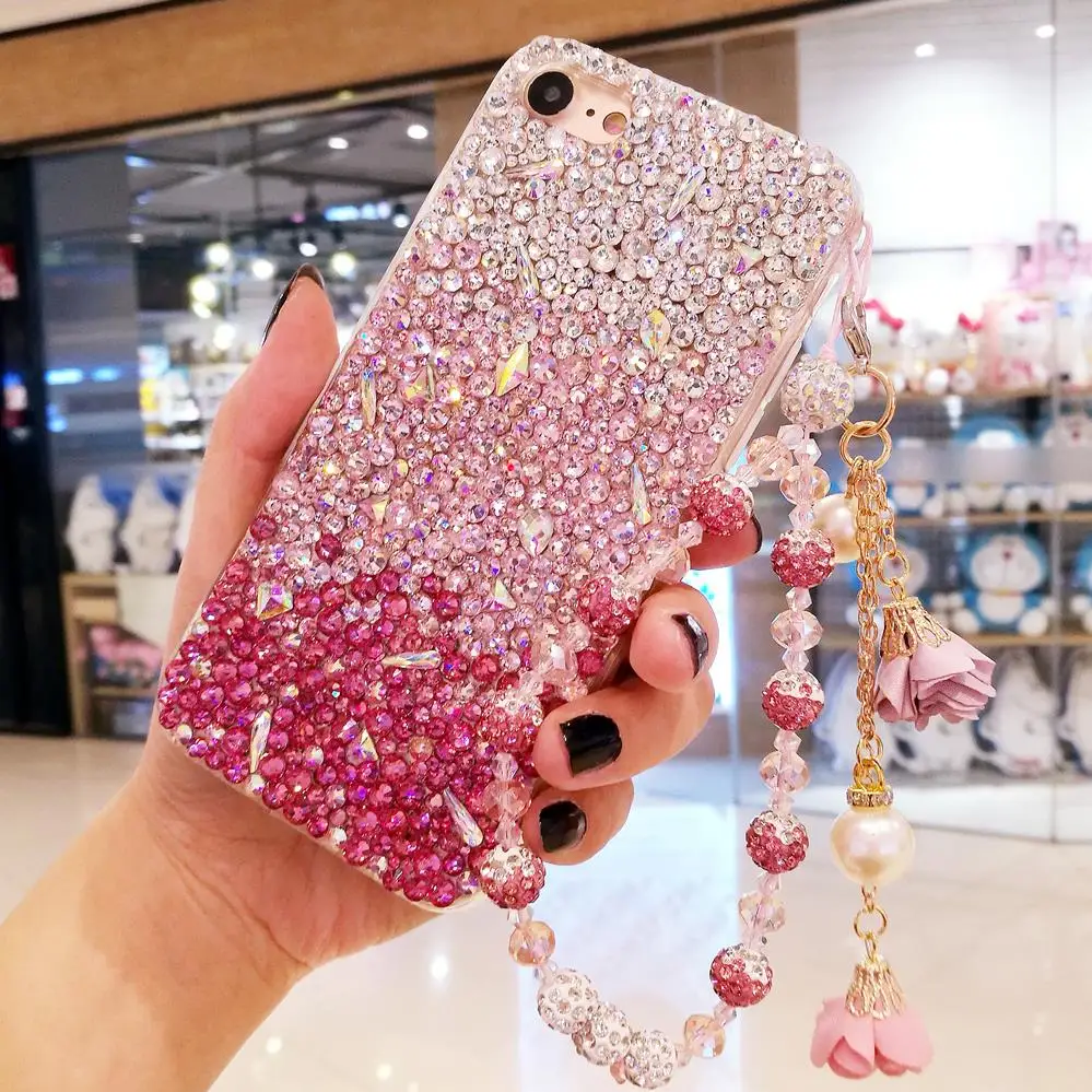 

For iPhone XS max XR X Luxury Rhinestone Diamond case for iphone 8plus 7P 7 8 6S 6SP Gradient pink Girl gift case Flower Chain