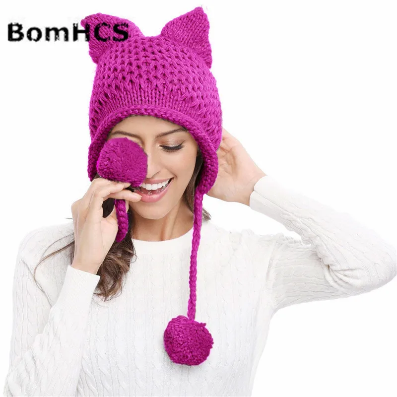 

BomHCS Funny Cat Ears Knit Women Girls Hat Autumn Winter Thick Warm Handmade Knitted Beanie Hat