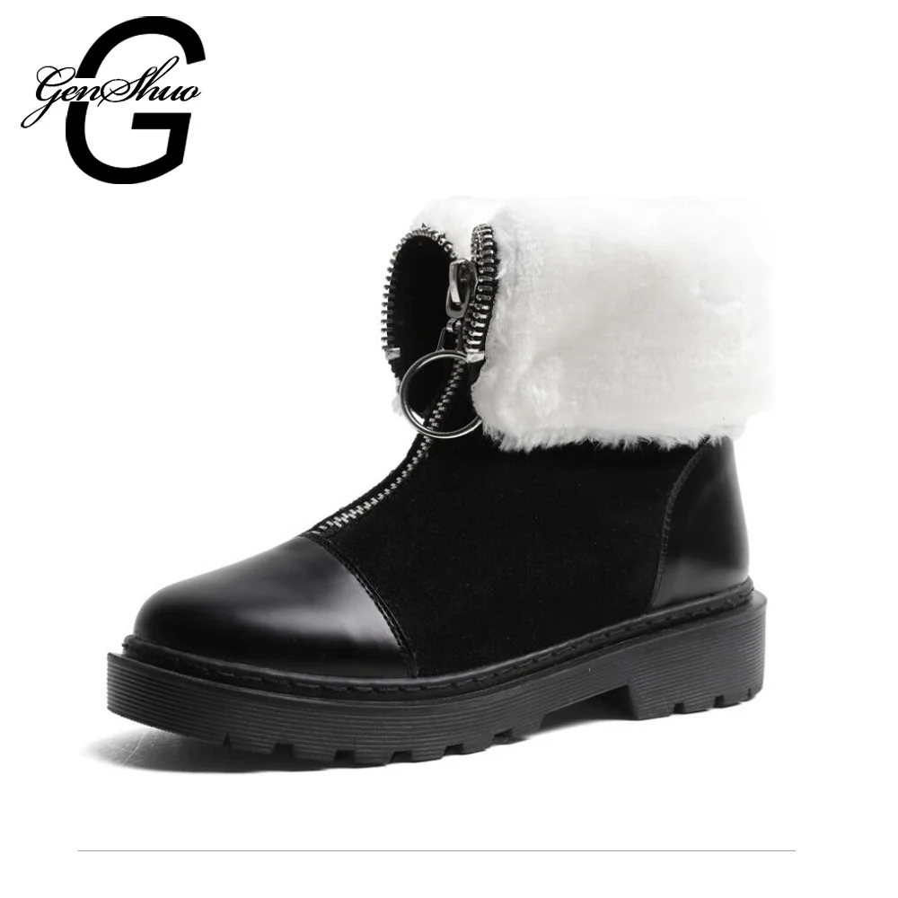 

GENSHUO 2018 Snow Boots Winter Shoes Women Ankle Boots Women Shoes Short Plush Women's Winter Boots Patchwork Square Heel Black