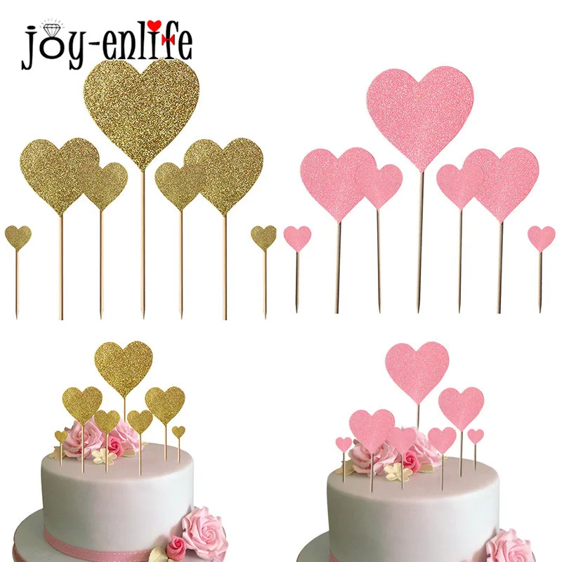 

7pcs Wedding Cake Decorations Giltter Gold Pink Heart Topper Birthday Party Supplies Bridal Shower Party Decor Cupcake Topper