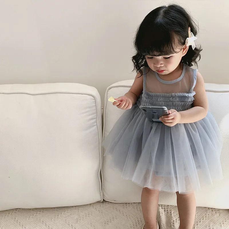 Новое поступление; летнее хлопковое однотонное модное платье принцессы без рукавов в Корейском стиле для милых маленьких девочек