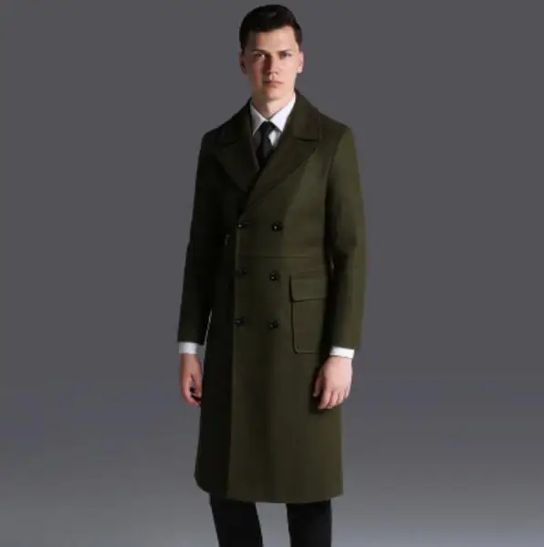S-6XL! г. мужские новые модные ботфорты шерстяное пальто Новая Англия Двойной Брестед Длинные шерстяное пальто большие размеры Тренч Одежда - Цвет: Армейский зеленый