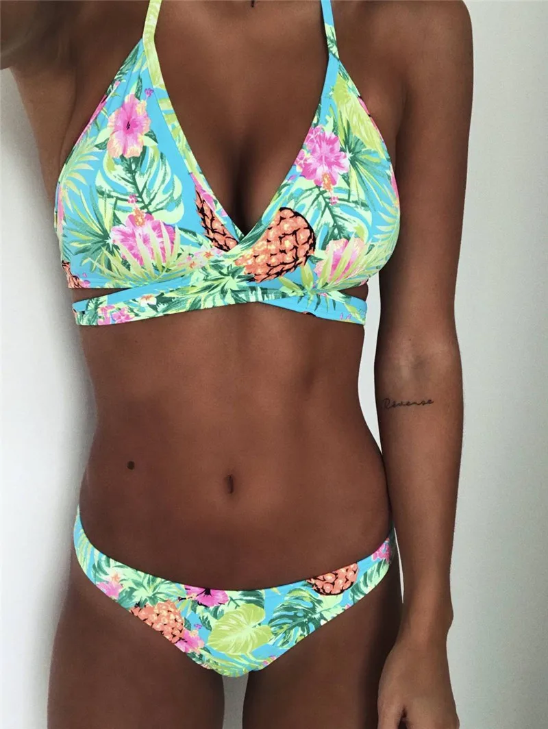 

2018 Sexy Women Pineapple Print Bikini Set Tankini Beachwear Low Waist Monokini Halter Criss Cross Push-up Bra Swimsuit Swimwear