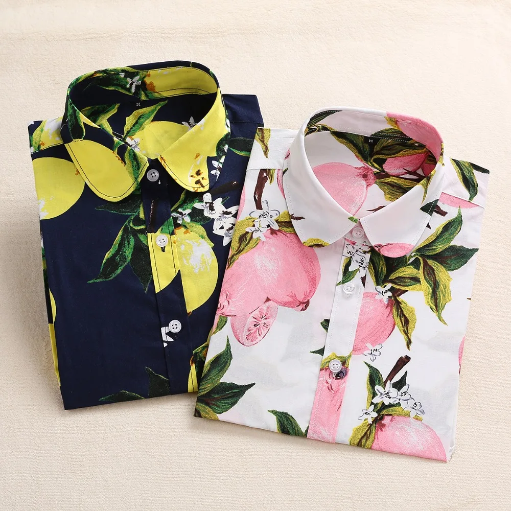 Летние хлопковые женские блузки с фруктовым принтом, рубашки с длинным рукавом, женская рубашка с отложным воротником, богемная Повседневная Блузка, блузы 5XL