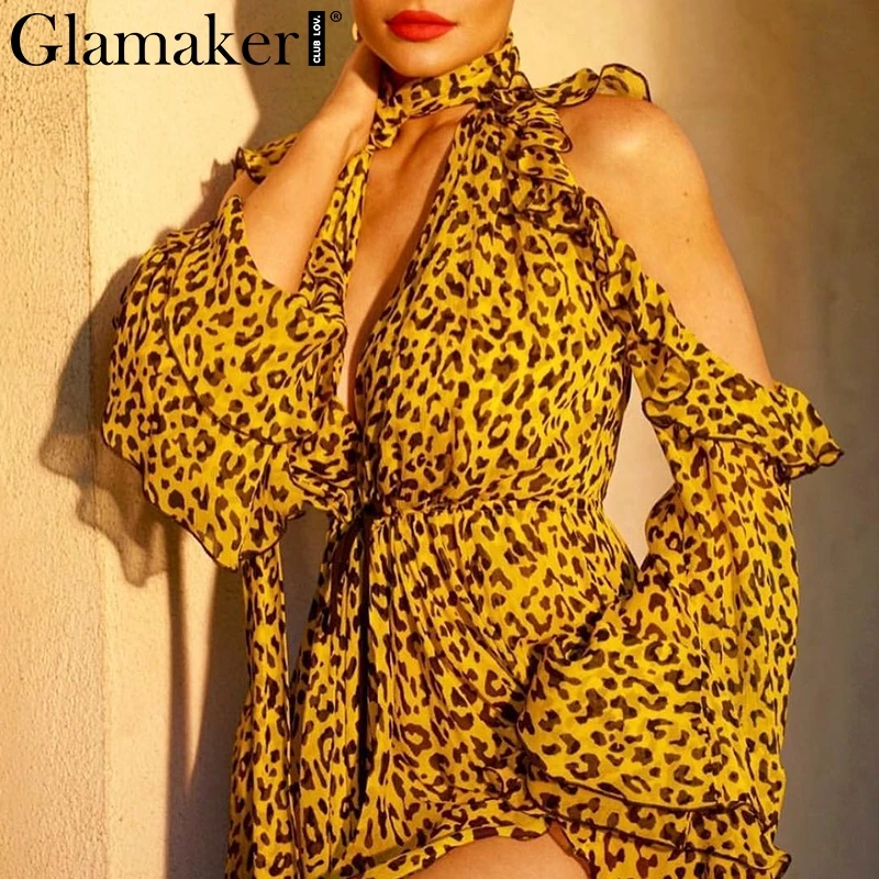 Женский шифоновый комбинезон с леопардовыми оборками Glamaker Летний v образным
