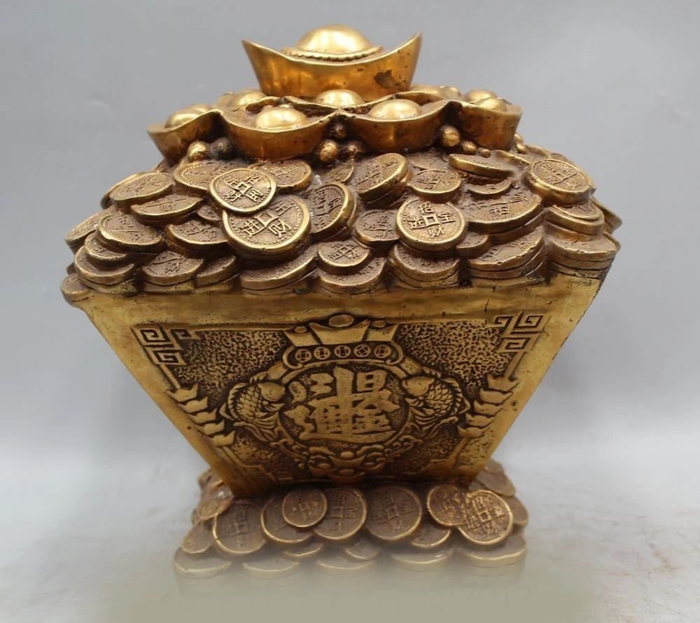 

DS 12"Chinese Bronze Carving Fengshui Wealth Treasure bowl Bowl Money Yuanbao