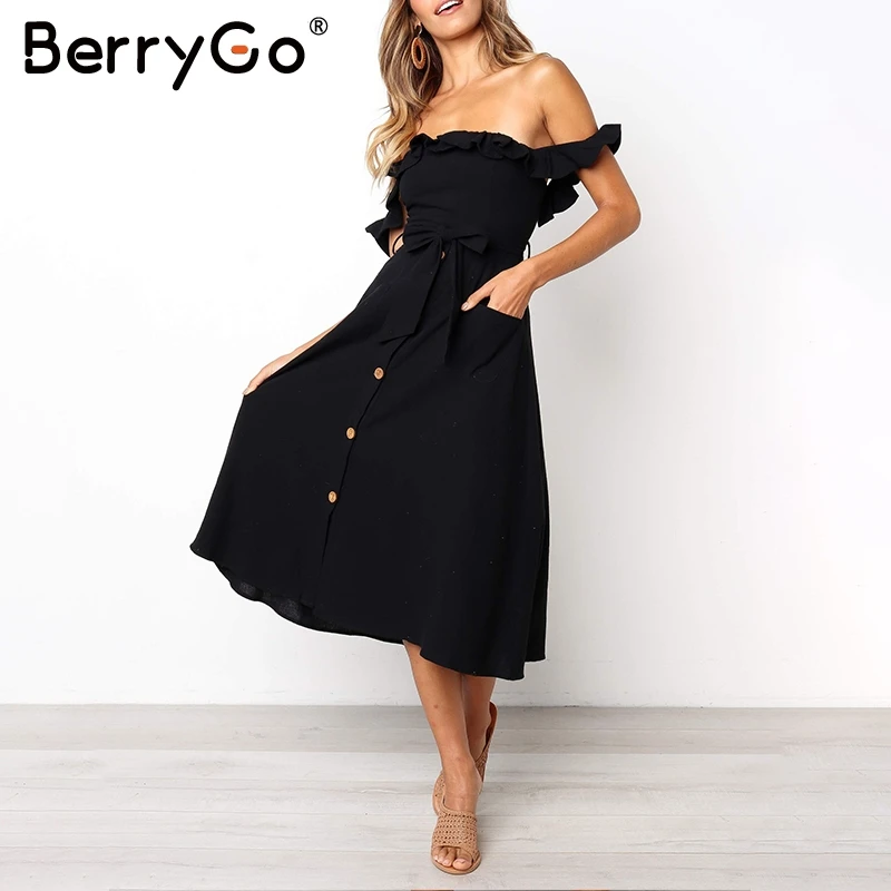 BerryGo с открытыми плечами летнее платье со складками для женщин Элегантный пояс