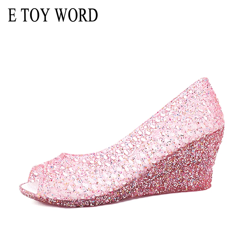 

E TOY WORD bling summer sandals fish mouth wedges ladies sandals Hollow Out Plastic Jelly Shoes women shoes sandals