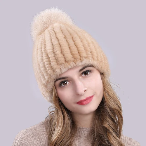 Lovely Real Mink Fur Hat Women Winter Knitted Real Mink Fur Beanies Hats With Fox Fur Pom Poms New Thick Real Mink Fur Cap - Color: beige