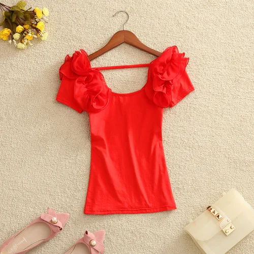 2021 Summer Plain Women Cotton Elastic Basic Female Ruffles Short Sleeve Sexy T Shirt Vogue Cotton Camiseta Korean Tops Female Red