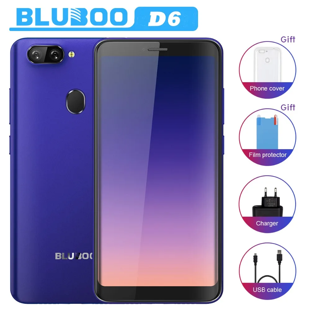 

BLUBOO D6 WCDMA 3G Mobile Phones 5.5inch Android 8.1 2GB RAM 16GB ROM MT6580A Quad Core Dual SIM Smartphone Dual 5MP Rear Camera